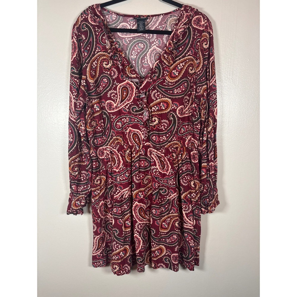 Wrangler Retro Womens XXL Burgundy‎ Paisley Ruffle V-Neck Rayon Mini Dress